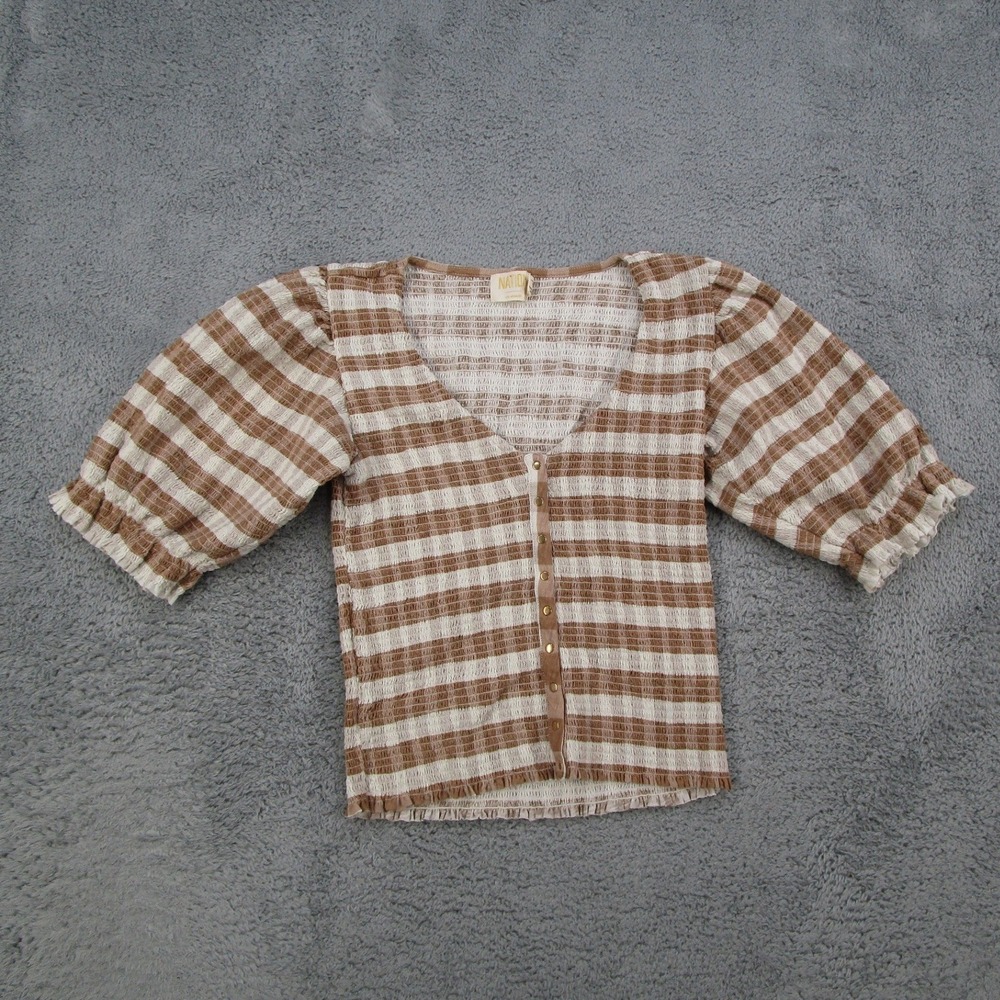 Nation LTD Brown White Striped Pima Cotton Smocked Puff Sleeve Top Small